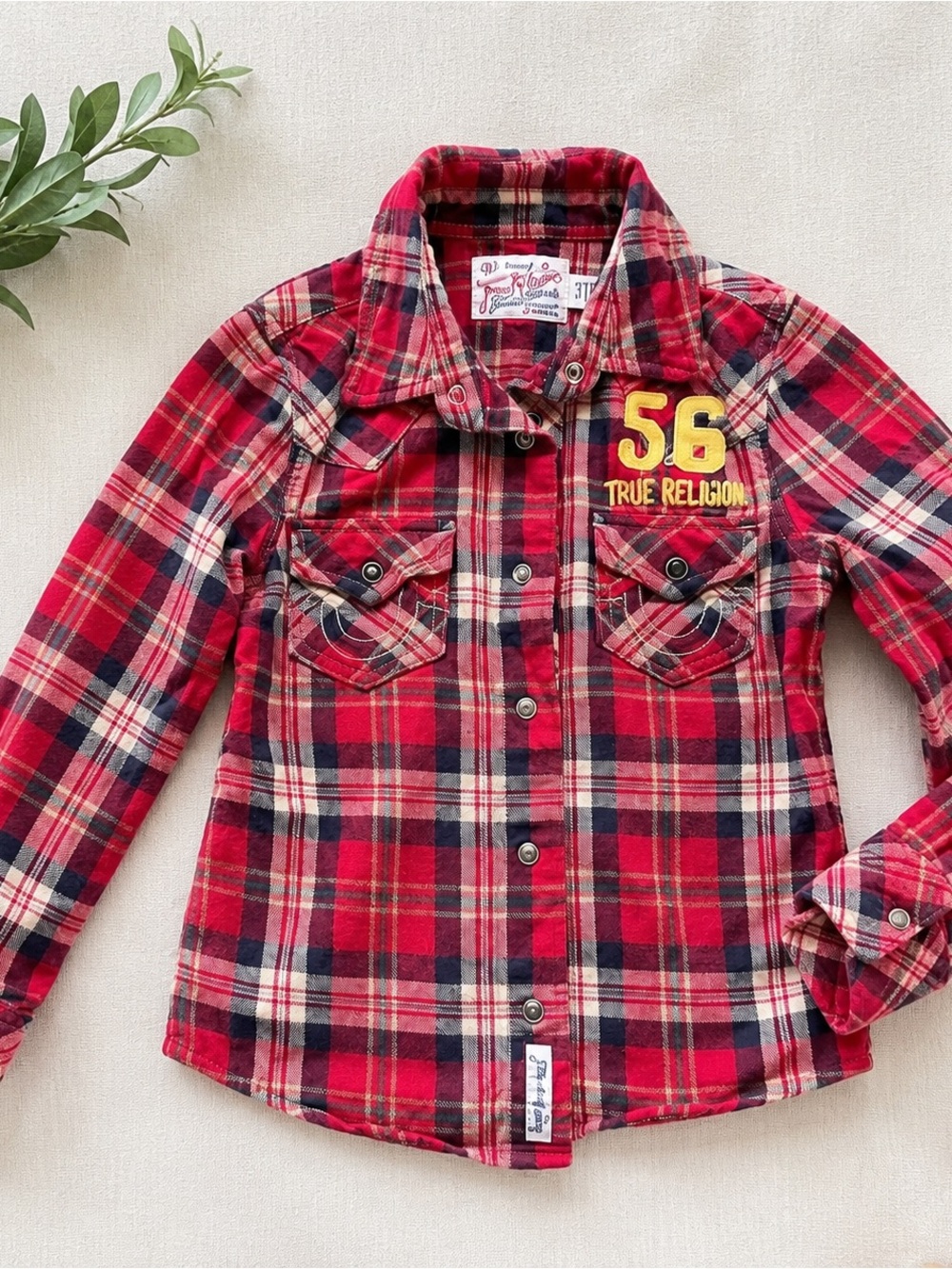 True Religion Red Plaid Button-Down Shirt with Yellow '56' Patch